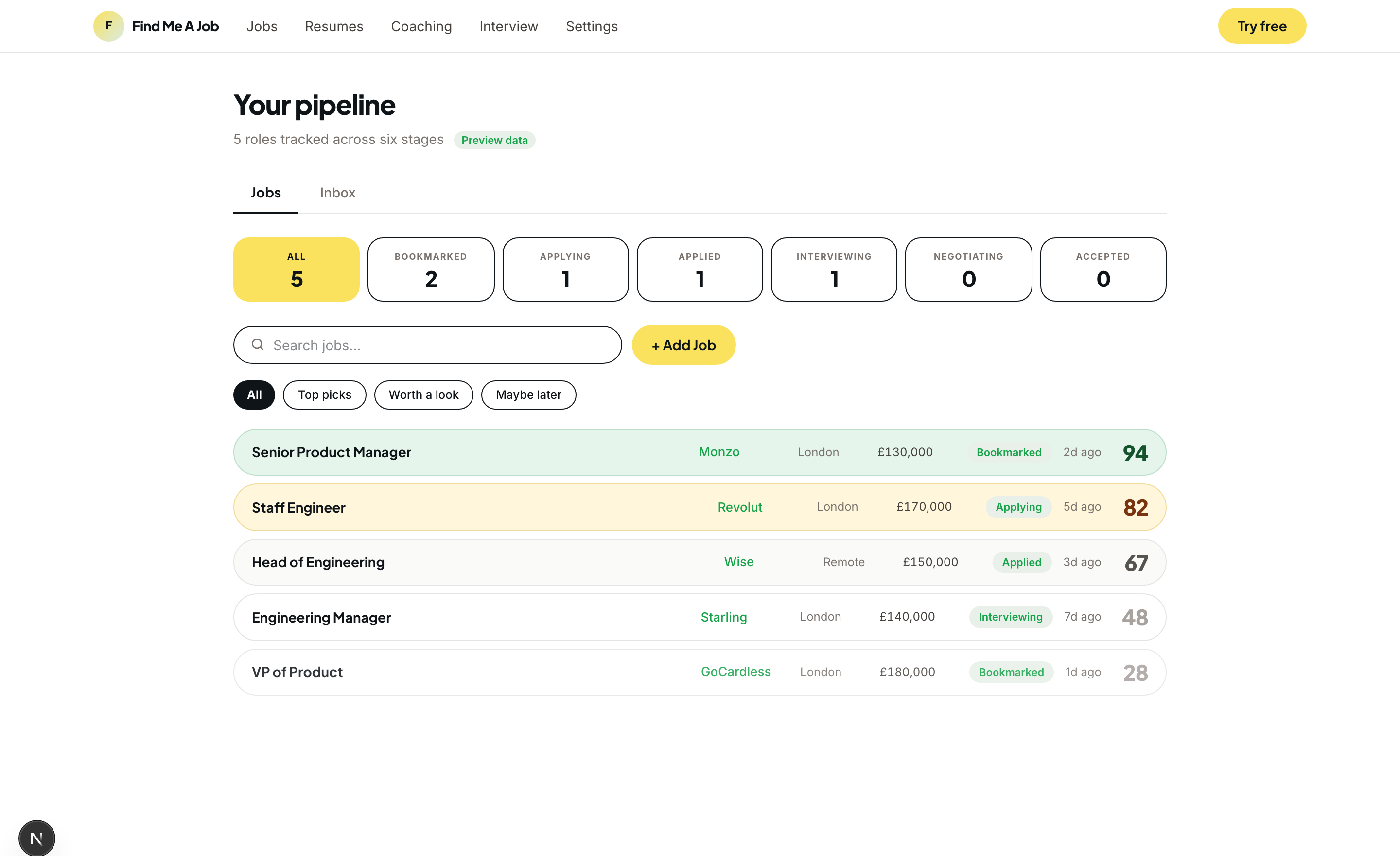 Find Me A Job pipeline: five tracked roles with mint, amber and grey score-band rows